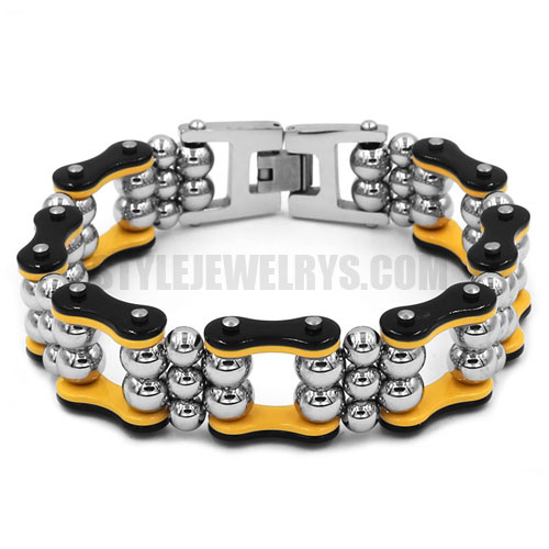 Stainless Steel Silver Steel Balls Biker Bracelet Stainless Steel Jewelry Fashion Black Yellow Bicycle Chain Motor Bracelet SJB0334 - Click Image to Close
